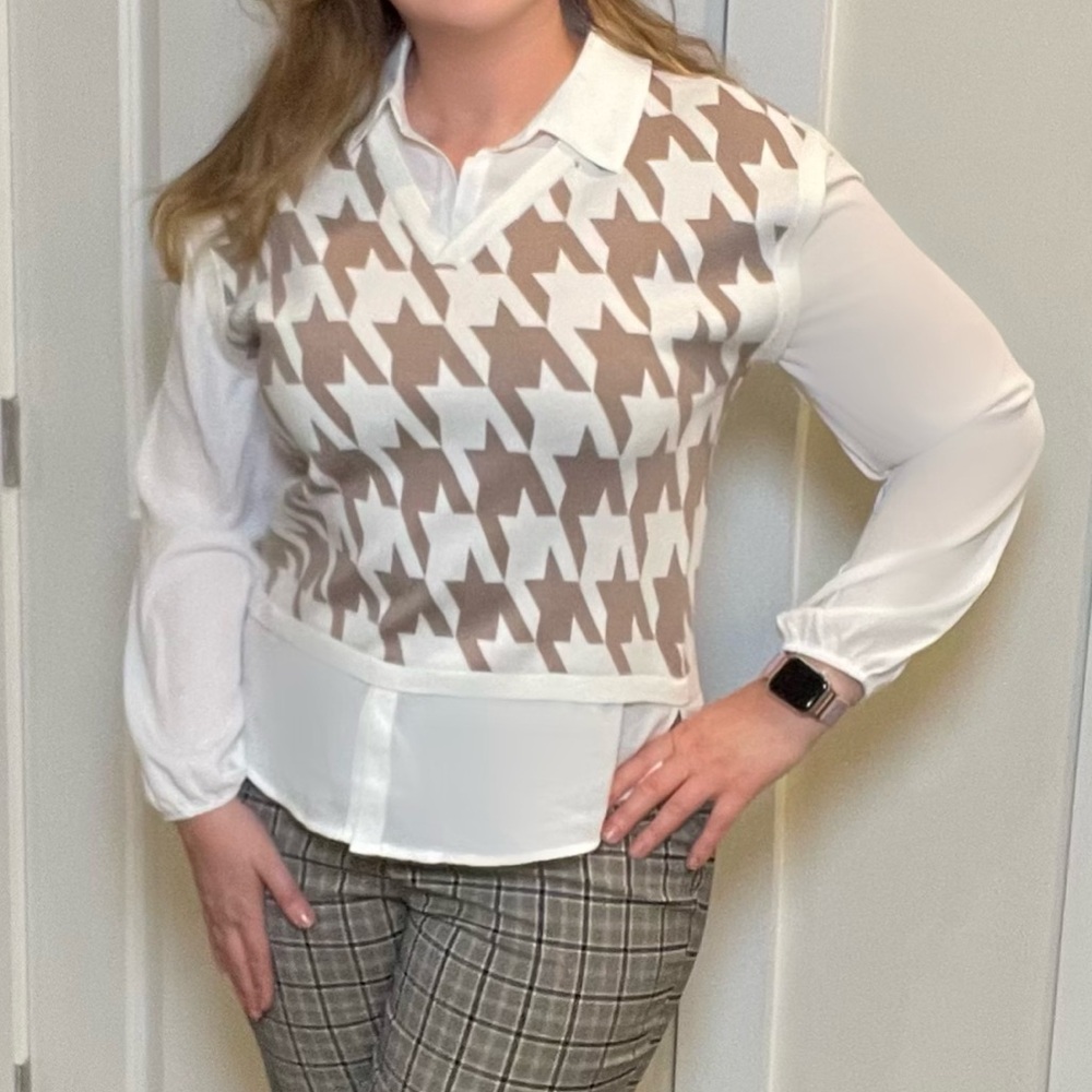 Belldini Layered Houndstooth Blouse Sweater – Beige & Cream – Size L